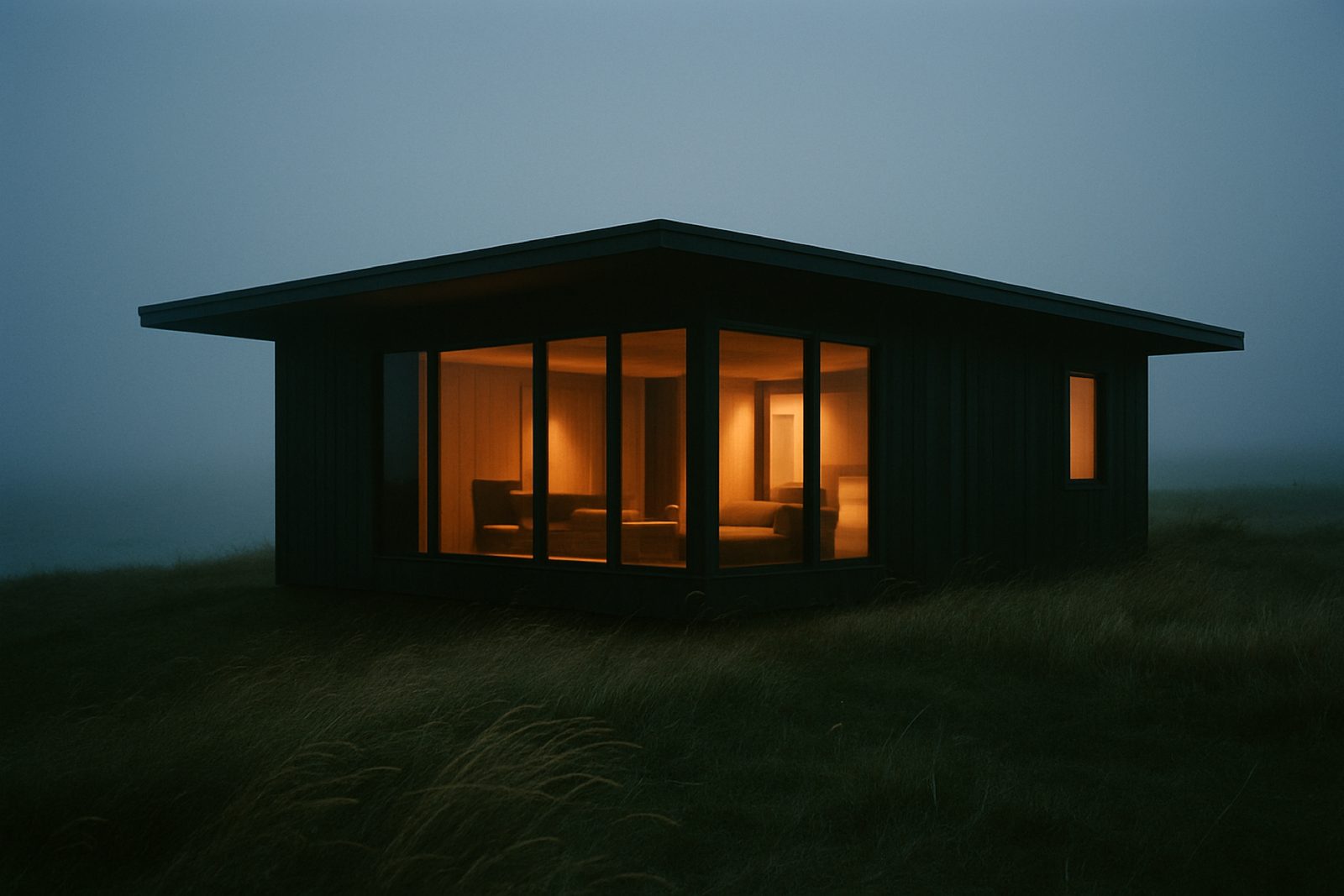 The Hollow: a wide flat-roofed cabin of dark stained plywood and glass on an open bluff, sea fog erasing the horizon.