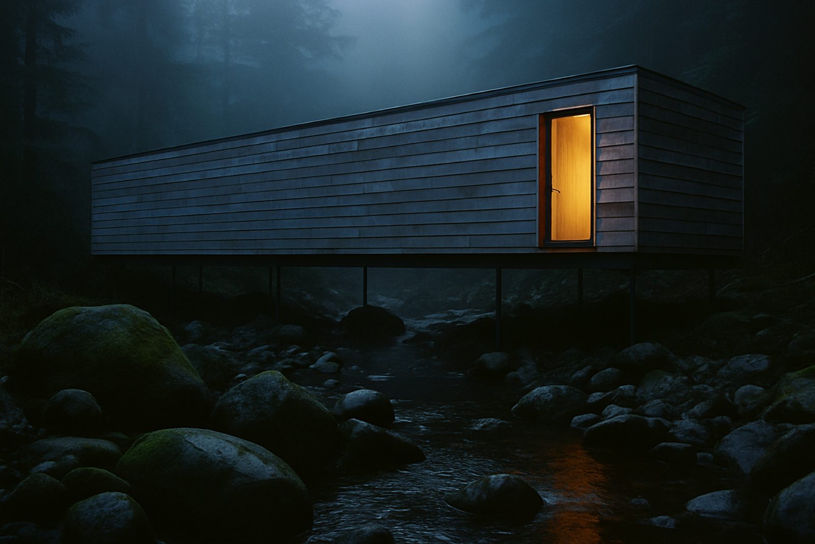Alder: a long low cabin in weathered silver cedar on steel stilts beside a shallow rocky creek.