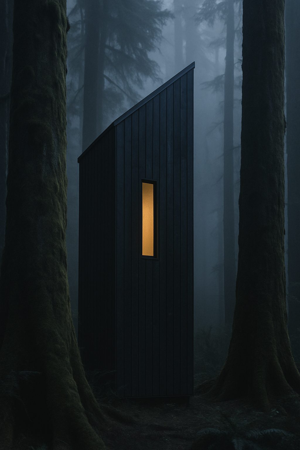 Salal: a tall compact cabin with a steep single-pitch roof, nearly swallowed by old-growth moss forest.
