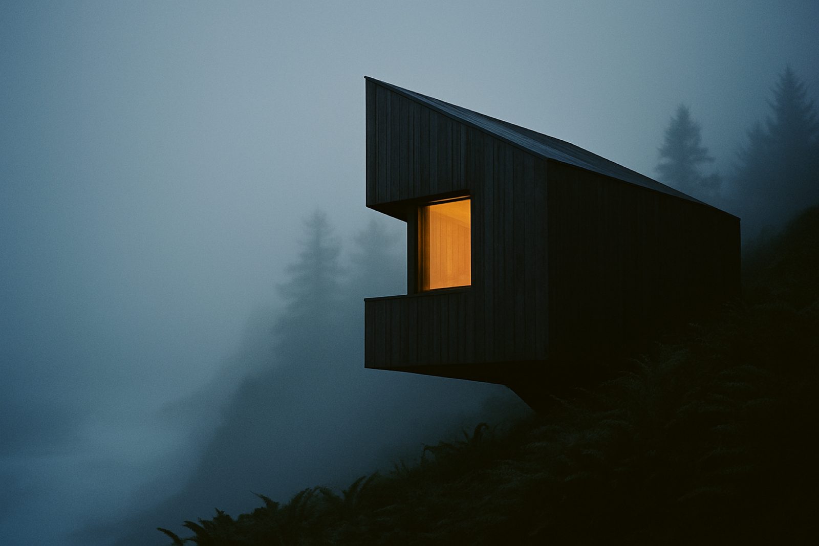 Ridgeline: an angular blackened-timber cabin cantilevered over a fern ridge with fog pouring past below.