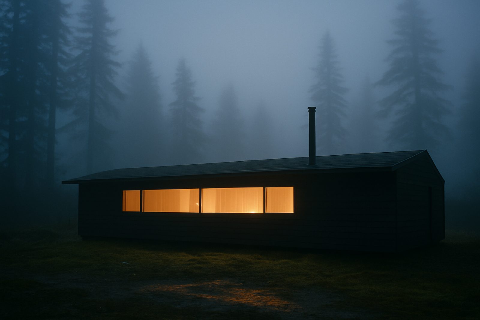 A low dark-cedar cabin glowing from a long window band, standing in heavy coastal fog among Sitka spruce at dusk.
