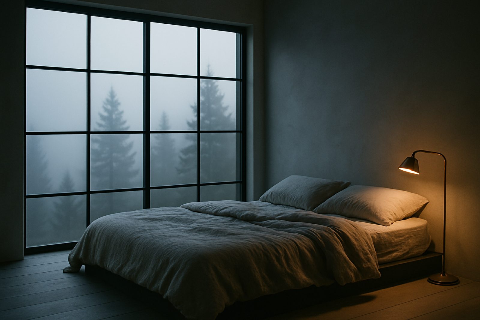 A low platform bed in oatmeal linen facing a full black-framed window wall onto grey coastal fog and spruce silhouettes.