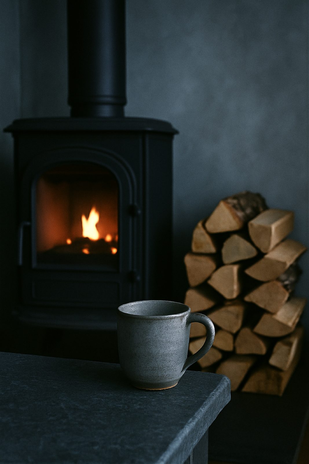 A matte black cast-iron wood stove with a small fire, split alder stacked beside it and a ceramic mug on a soapstone counter.