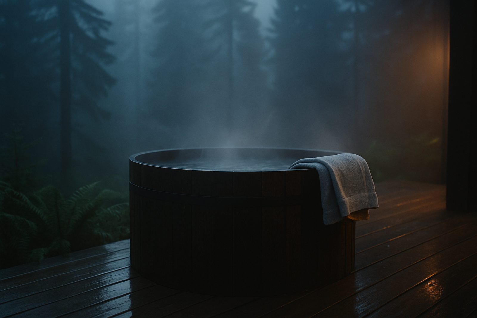 An outdoor cold plunge tub of charred wood steaming on a wet cedar deck, surrounded by ferns and fog at blue hour.