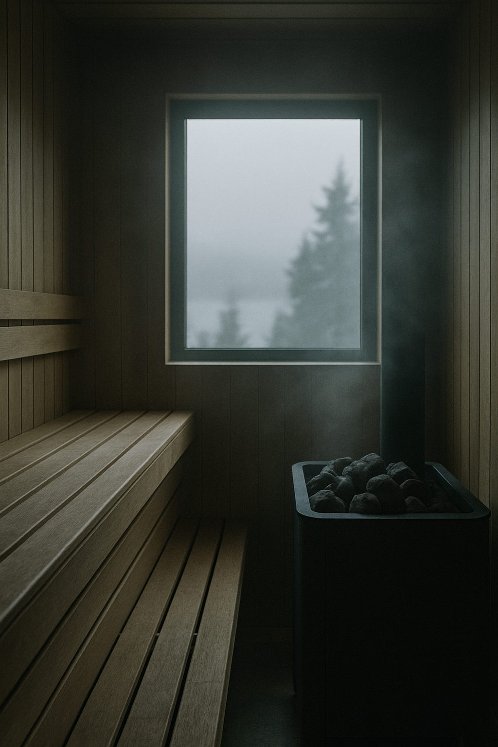 Inside a cedar sauna: honey-coloured slatted benches, a black steel stove with hot stones, steam hanging in the air.