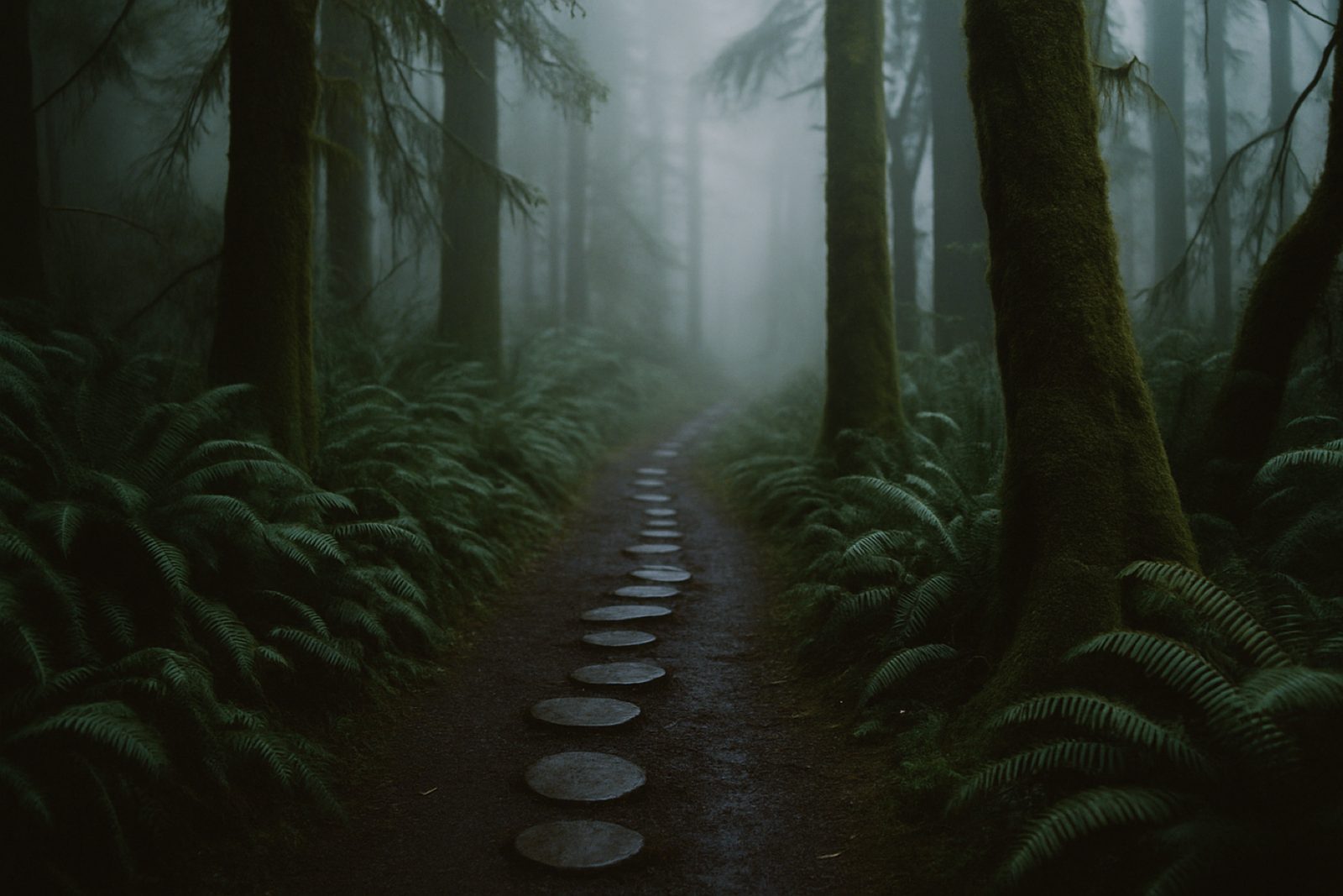 A narrow wet footpath of dark earth and cedar rounds winding into coastal rainforest between moss-covered trunks and sword ferns.